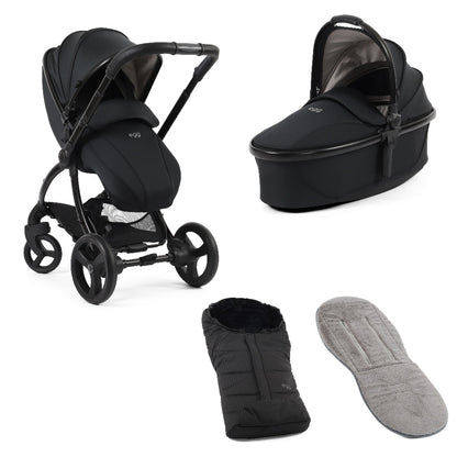 Egg 3 stroller in Houndstooth black including carrycot, footmuff and grey fleece liner.