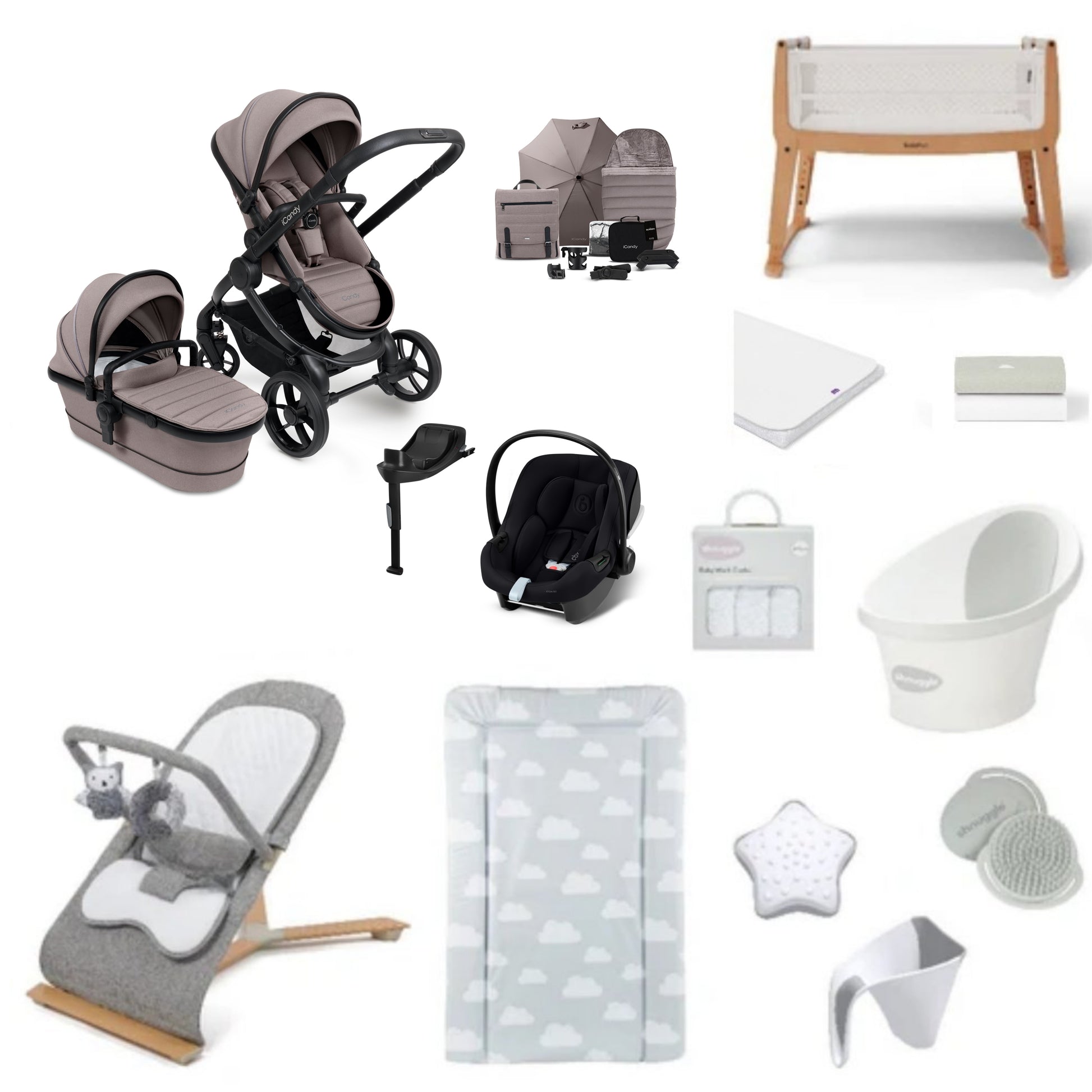 iCandy Peach 7 Pushchair & carrycot in Porcini with accessories, complete with all babies essential including car seat, crib, bath and bath time accessories.