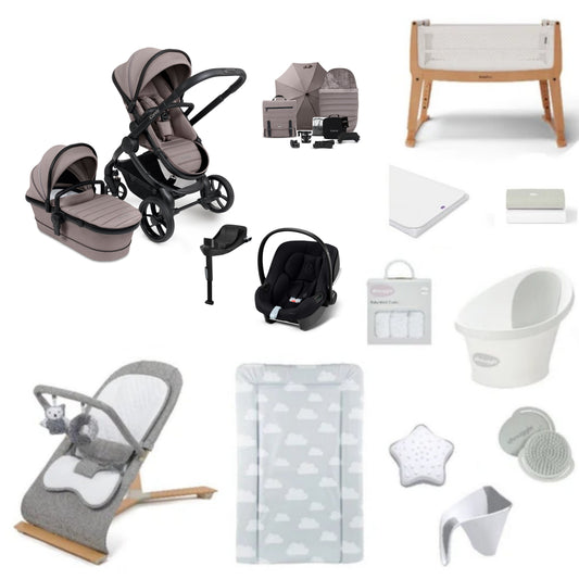 iCandy Peach 7 Pushchair & carrycot in Porcini with accessories, complete with all babies essential including car seat, crib, bath and bath time accessories.