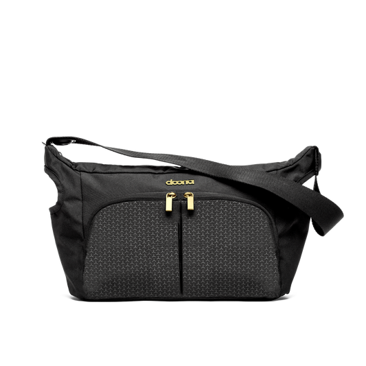 Stroller organiser bag with straps for attaching to pram.