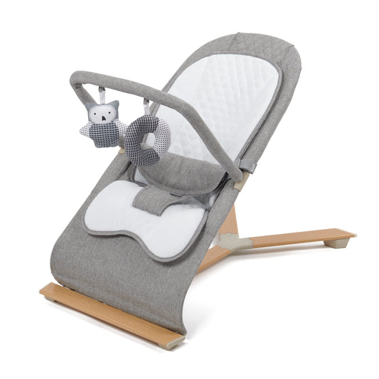 Stylish baby bouncer in grey and white, equipped with a three-position recline and a toy bar for playful engagement.