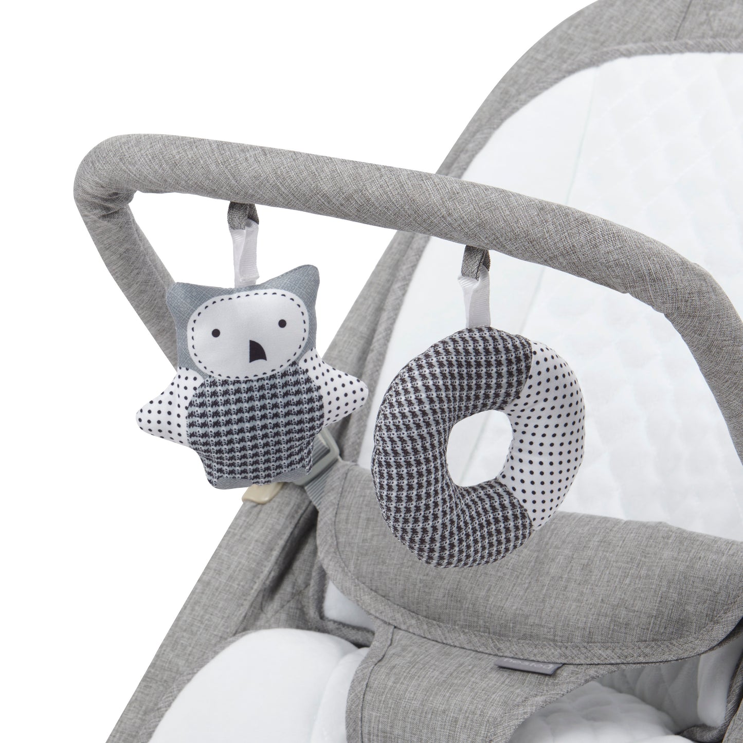 Stylish baby bouncer in grey and white, equipped with a three-position recline and a toy bar for playful engagement.