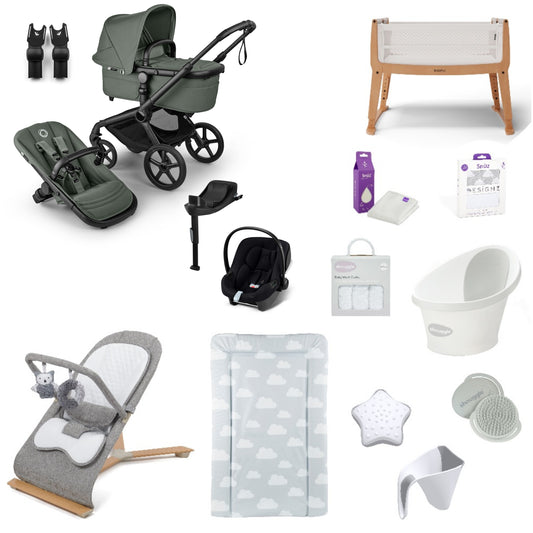 Bugaboo Pushchair & carrycot in FOREST GREEN with accessories, complete with all babies essential including car seat, crib, bath and bath time accessories.