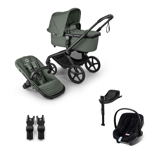 Bugaboo Fox 5 inforest green complete, with aton B2 car seat and base.