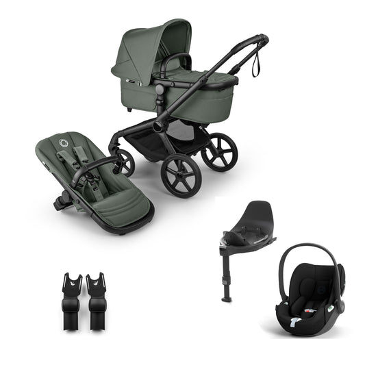 Bugaboo Fox 5 in Forest green with cloud t car seat, base.