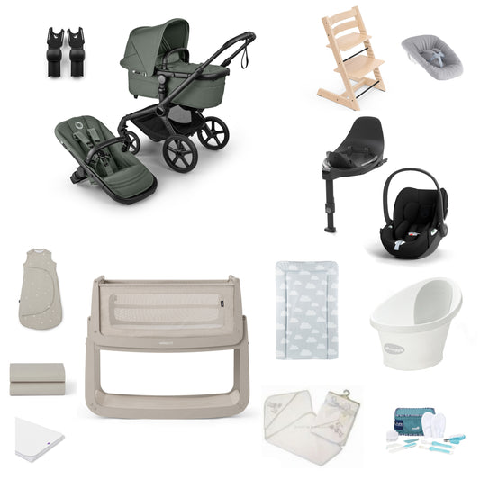 Bugaboo Pushchair in Forest Green Premium Bundle including a bath, crib car seat and highchair.