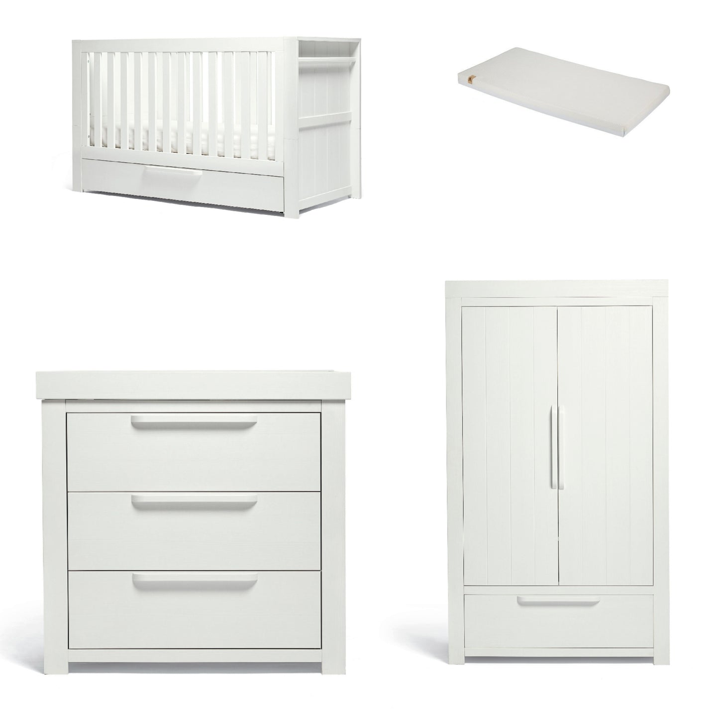 Mamas & Papas Franklin 3 Piece Cotbed Range with Dresser Changer & Double Wardrobe in White Wash