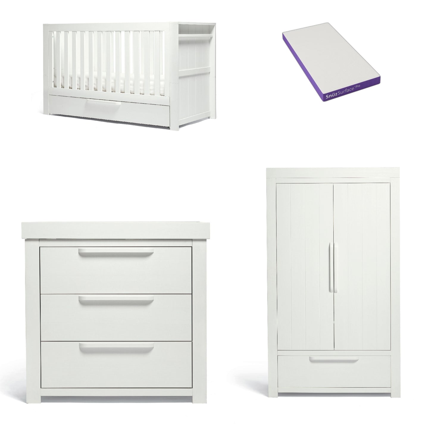Mamas & Papas Franklin 3 Piece Cotbed Range with Dresser Changer & Double Wardrobe in White Wash