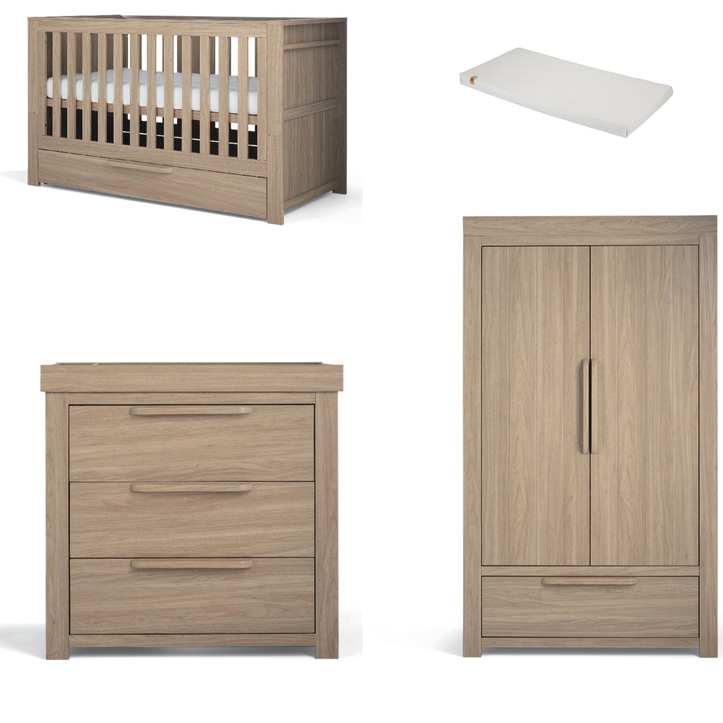 Mamas & Papas Franklin 3 Piece Cotbed Range with Dresser Changer & Double Wardrobe in Natural Oak