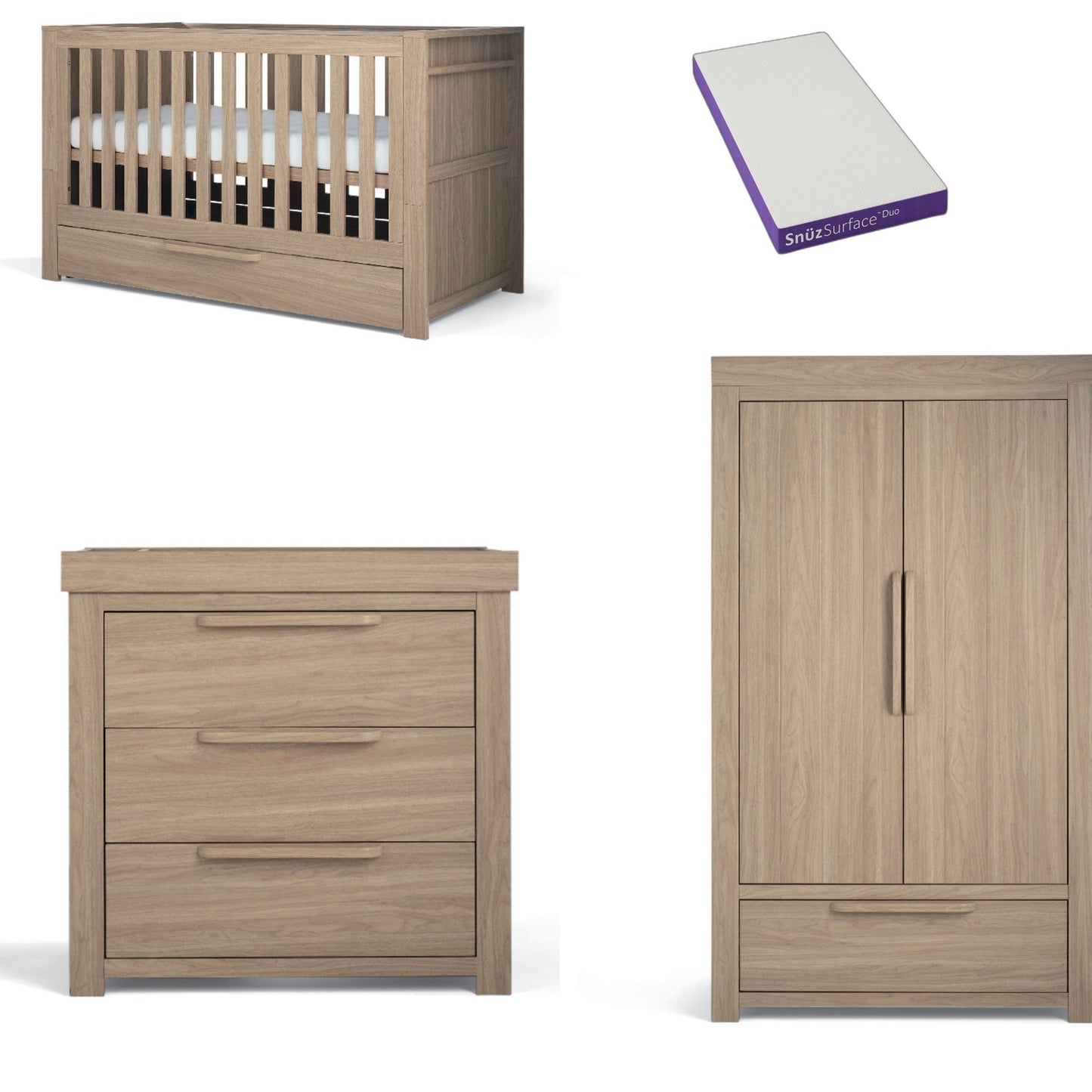 Mamas & Papas Franklin 3 Piece Cotbed Range with Dresser Changer & Double Wardrobe in Natural Oak