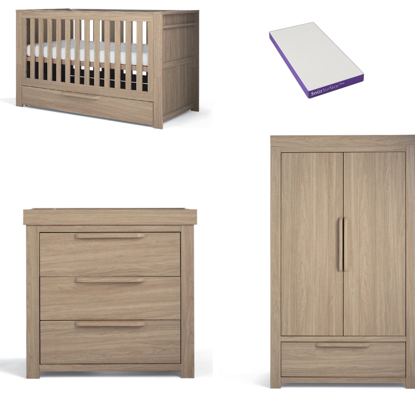 Mamas & Papas Franklin 3 Piece Cotbed Range with Dresser Changer & Double Wardrobe in Natural Oak