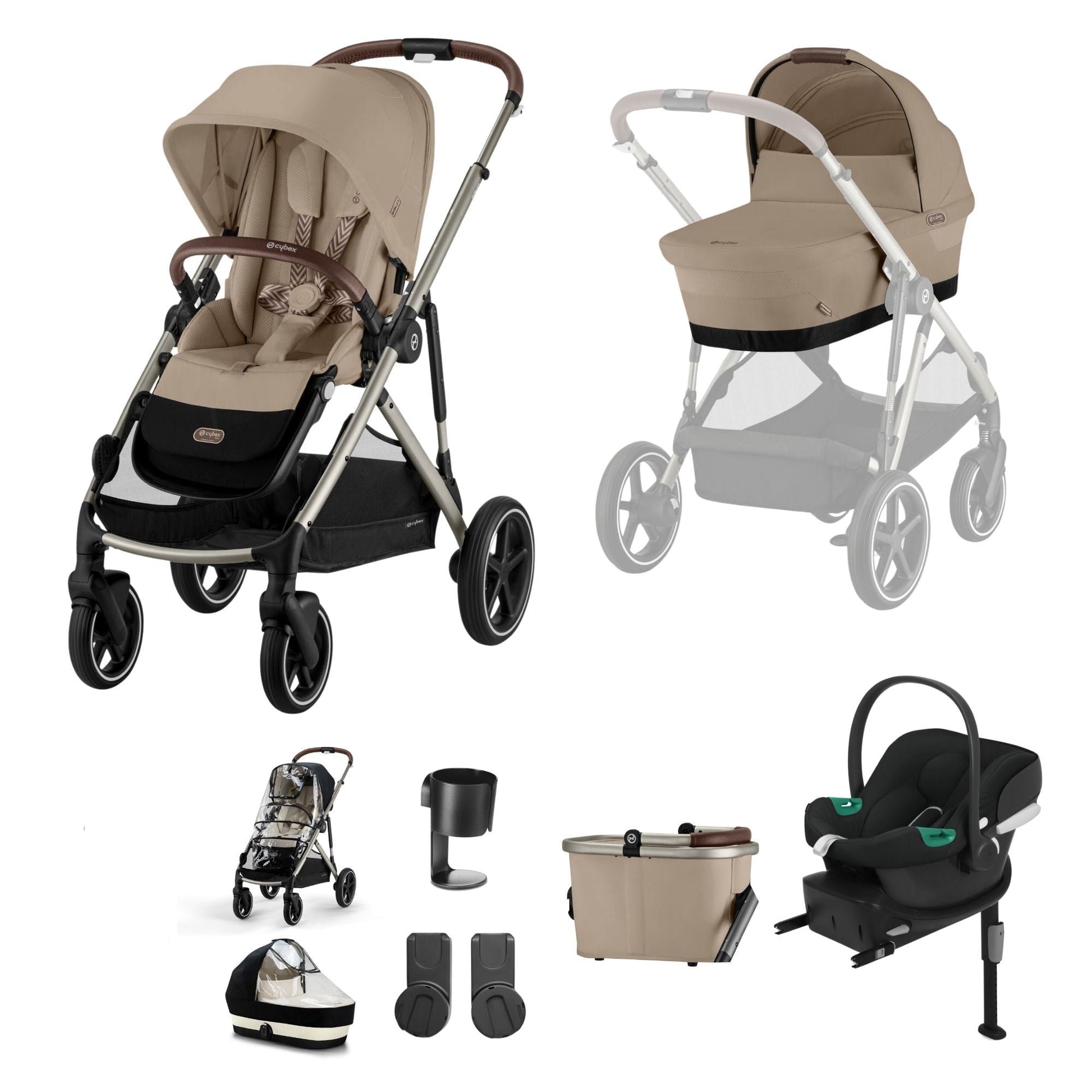 Cybex Gazelle travel system in almond beige with aton b2 car seat and isofix base, but no footmuff.