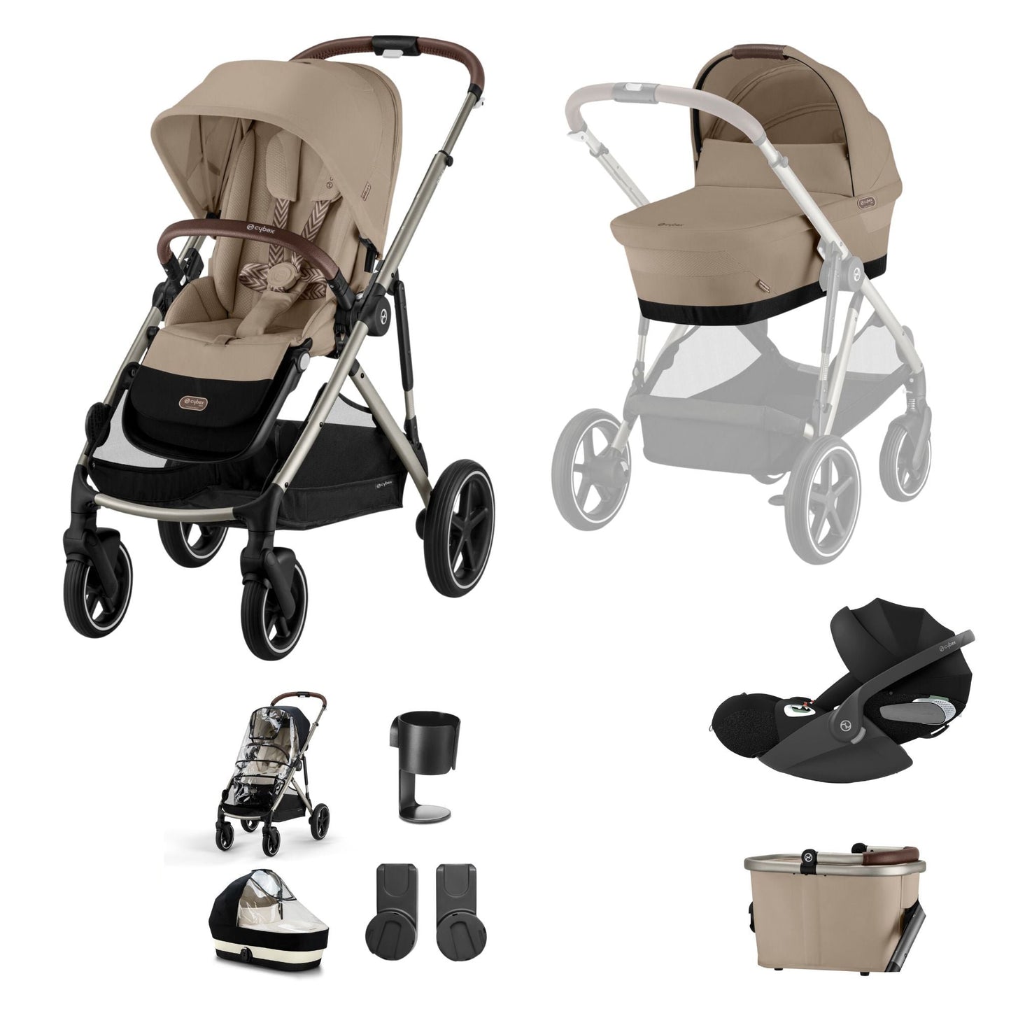 Cybex Gazelle travel system in almond beige with cloud T car seat, but no footmuff or isofix base.