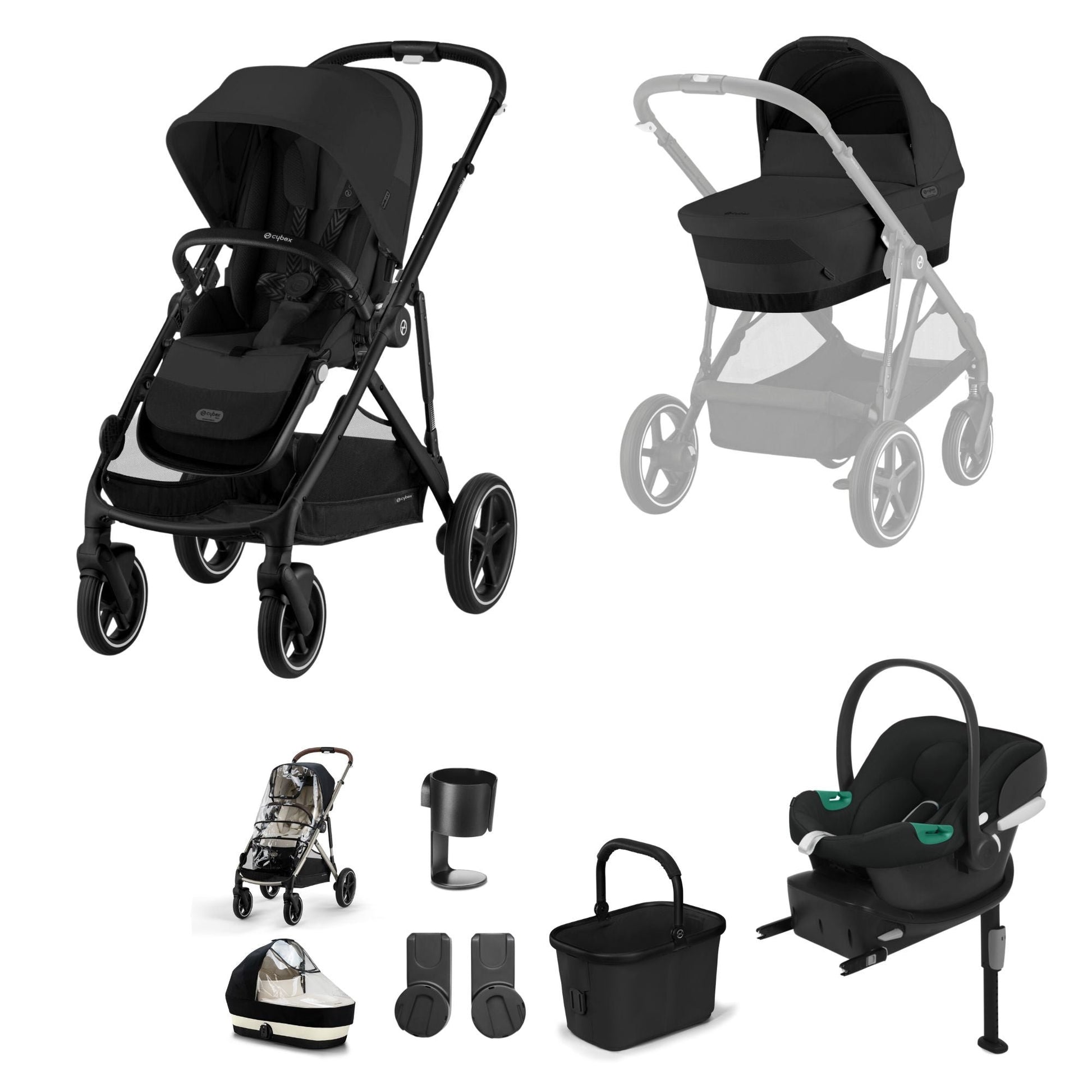 Cybex Gazelle travel system in moon black with aton b2 car seat and isofix base, but no footmuff.