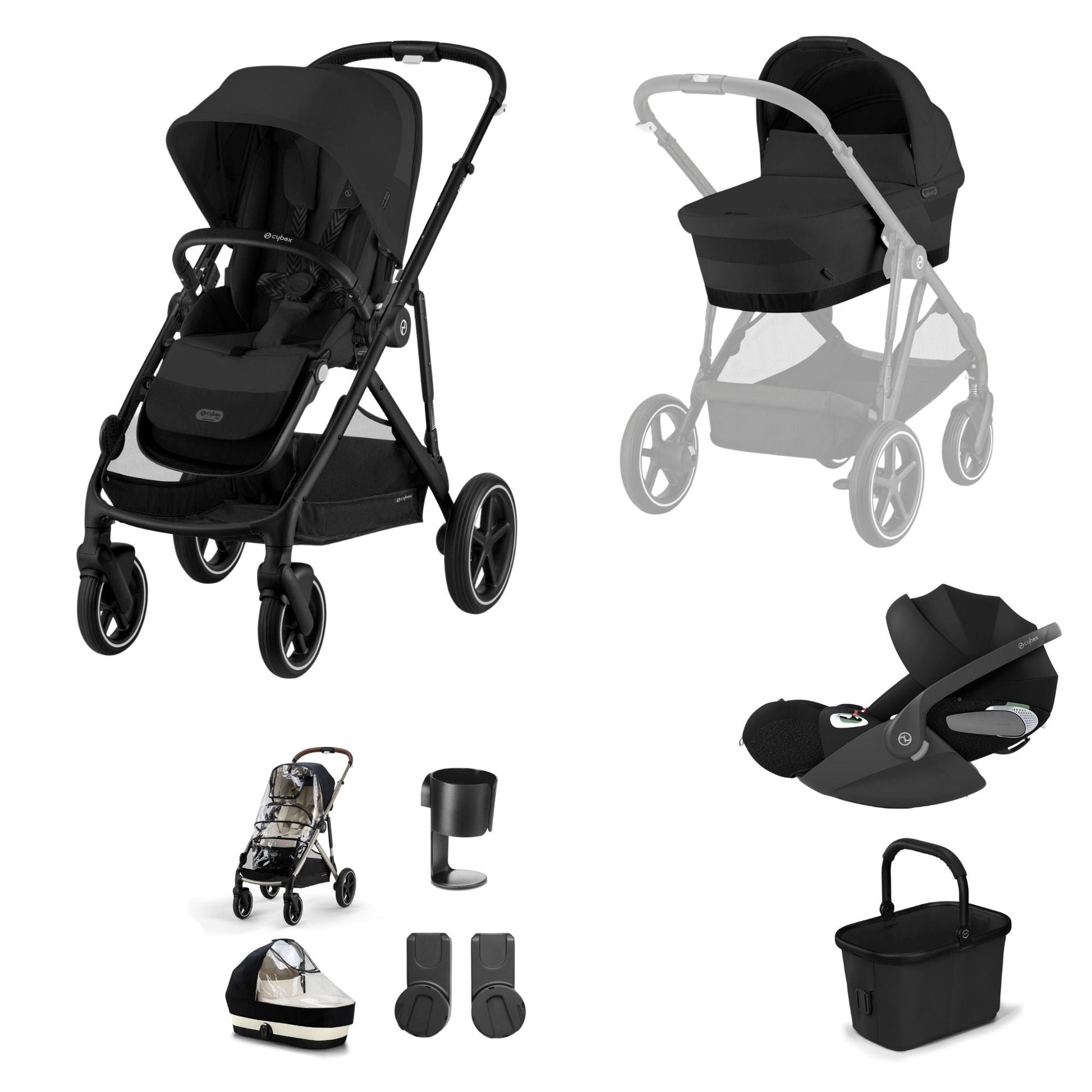 Cybex Gazelle travel system in moon black with cloud T car seat, but no footmuff or isofix base.