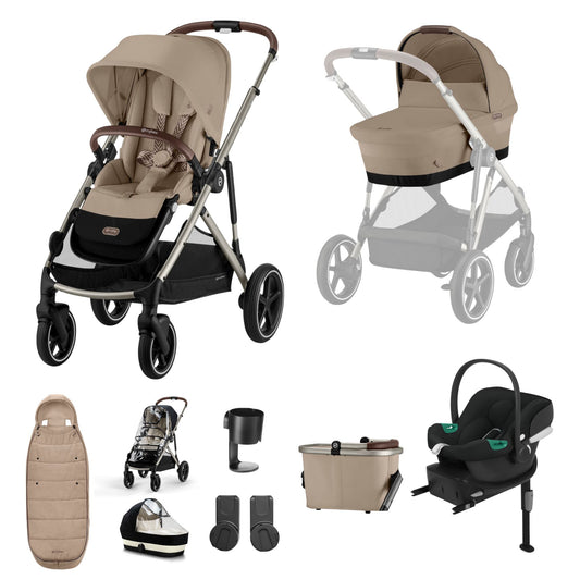 Cybex Gazelle travel system in almond beige with aton b2 car seat and isofix base, and footmuff.