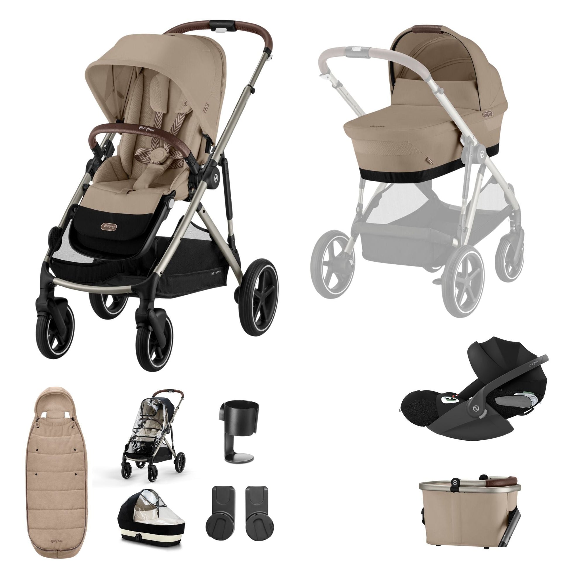 Cybex Gazelle travel system in almond beige with cloud T car seat and footmuff, but no isofix base.