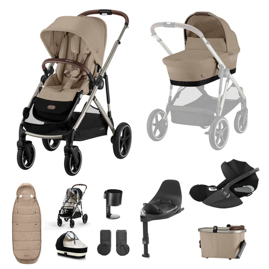 Cybex Gazelle travel system in almond beige with cloud T car seat and isofix base, and footmuff.