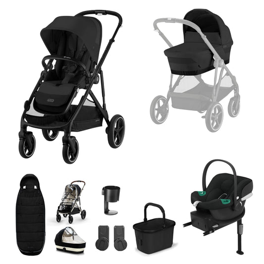 Cybex Gazelle travel system in moon black with aton b2 car seat and isofix base, and footmuff.