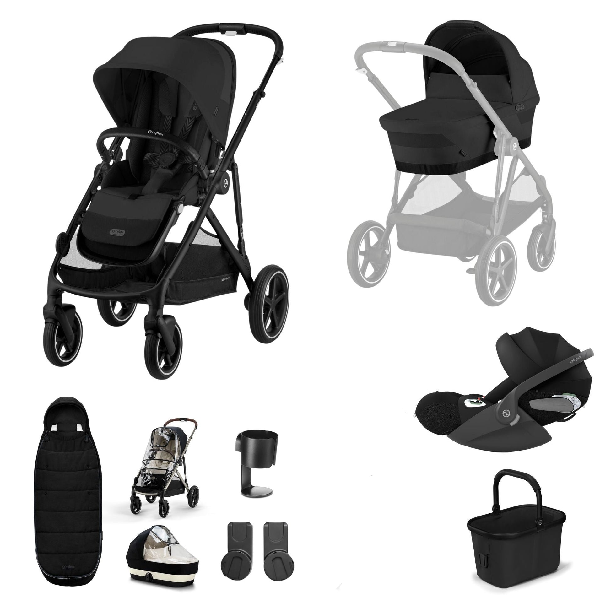 Cybex Gazelle travel system in moon black with cloud T car seat and footmuff, but no isofix base.