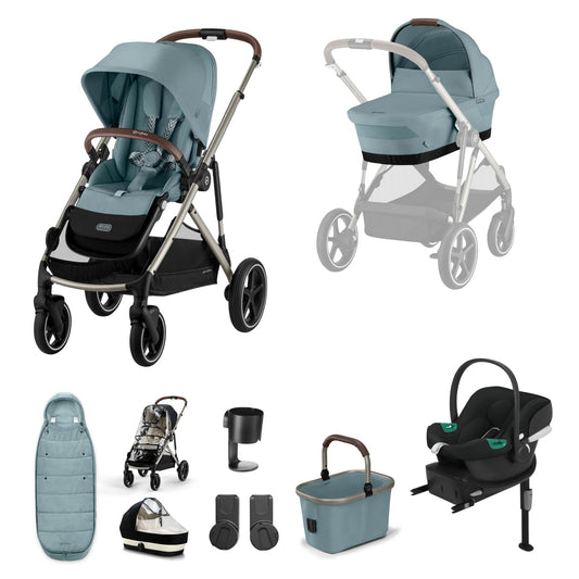 Cybex Gazelle travel system in stormy blue with aton b2 car seat and isofix base, and footmuff.