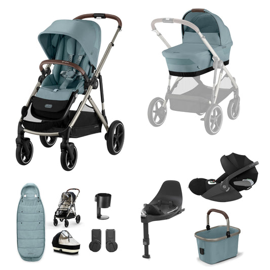 Cybex Gazelle travel system in stormy blue with cloud T car seat and isofix base, and footmuff.