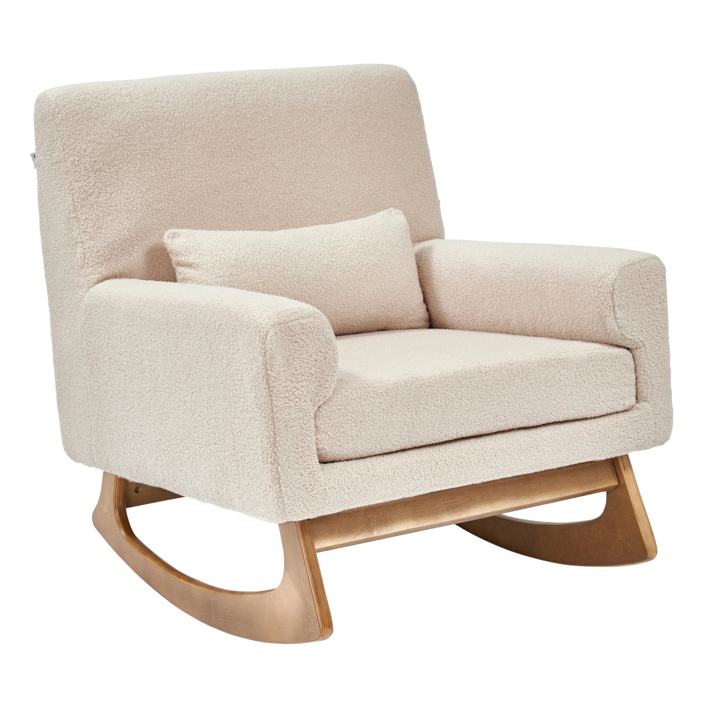 Fabric rocking chair featuring a lumbar cushion and low arms, designed for comfort while feeding a baby.