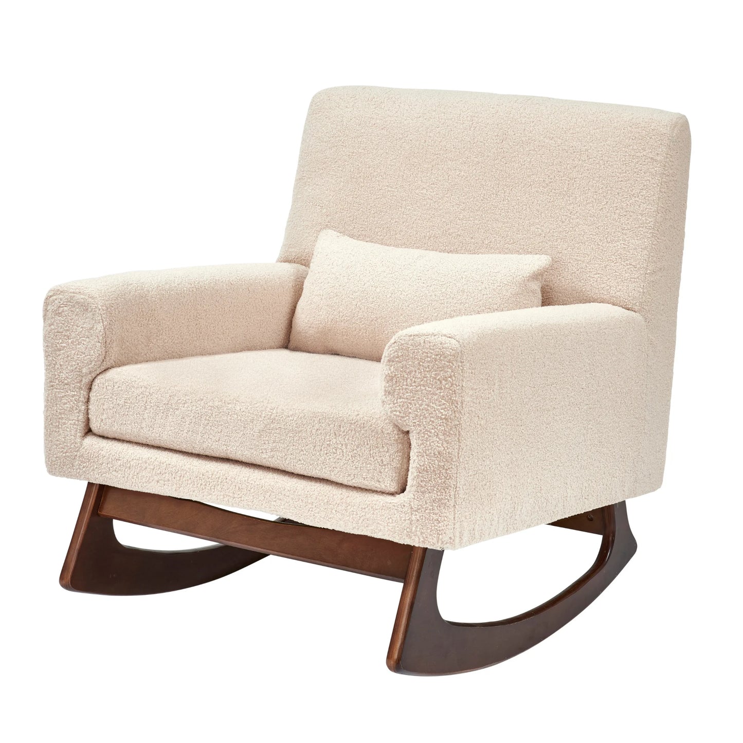 Fabric rocking chair featuring a lumbar cushion and low arms, designed for comfort while feeding a baby.
