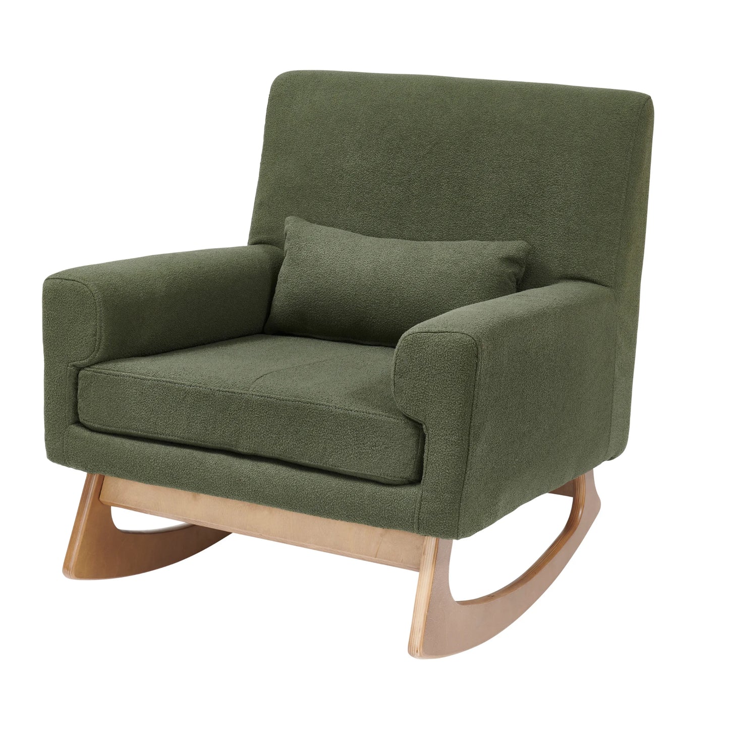 Fabric rocking chair featuring a lumbar cushion and low arms, designed for comfort while feeding a baby.