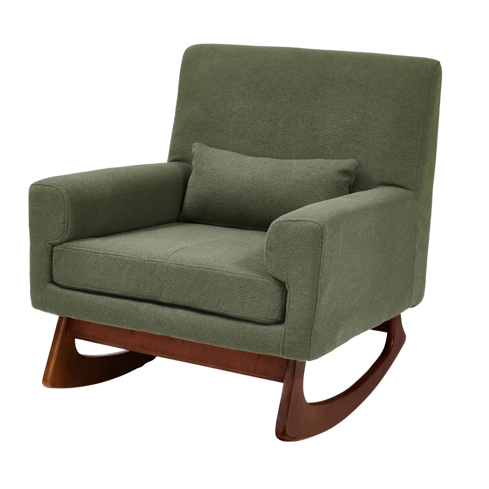 Fabric rocking chair featuring a lumbar cushion and low arms, designed for comfort while feeding a baby.