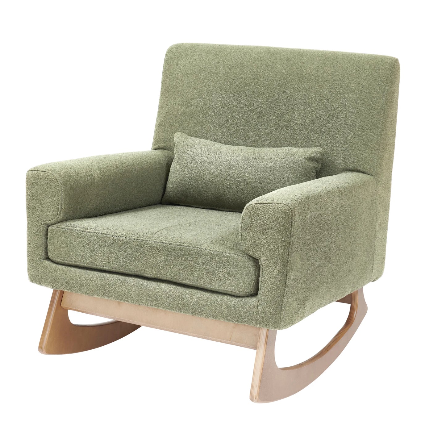 Fabric rocking chair featuring a lumbar cushion and low arms, designed for comfort while feeding a baby.