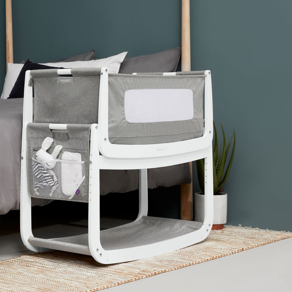 Snuz storage pocket in Grey attached to bedside crib