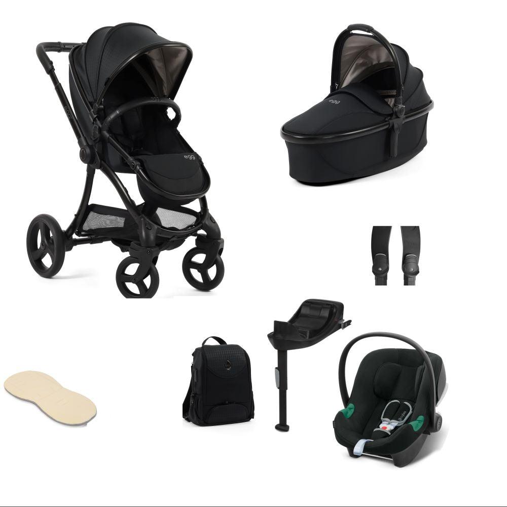 Egg 3 stroller in Houndstooth black including an aton b2 car seat and base with bag