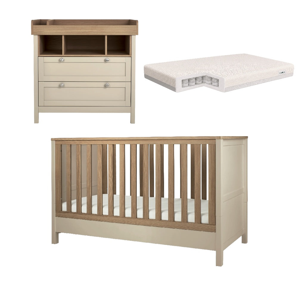 Mamas & Papas Harwell cotbed and dresser in cashmere with CuddleCo signature pocket spring Mattress