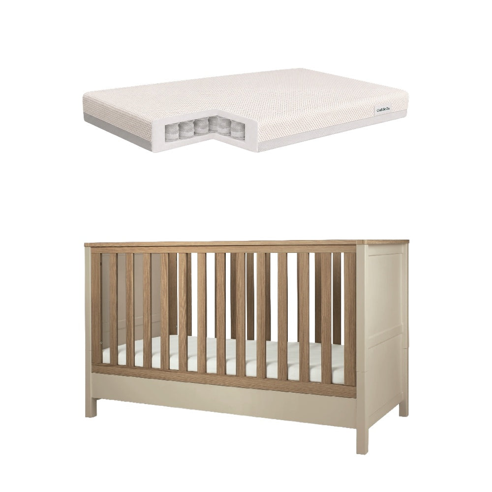 Mamas & Papas cot bed in cashmere with cuddleco signature pocket spring mattress.