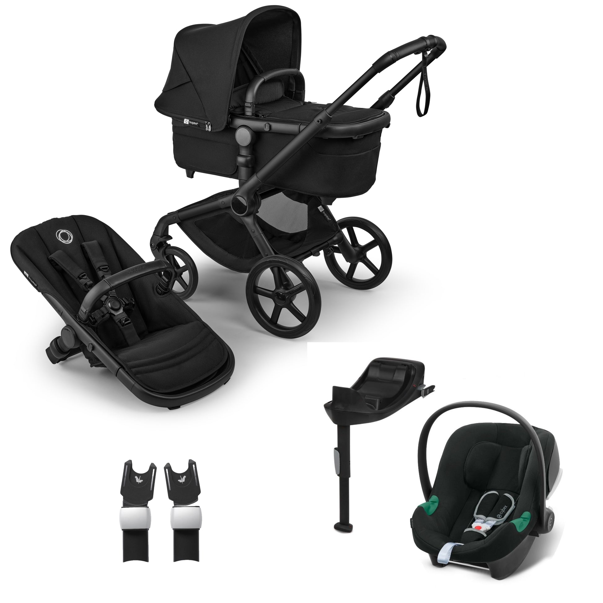 Bugaboo Fox 5 in black complete, with aton B2 car seat and base.