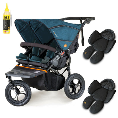 Out N About double nipper in highland blue with 2 newborn inserts.