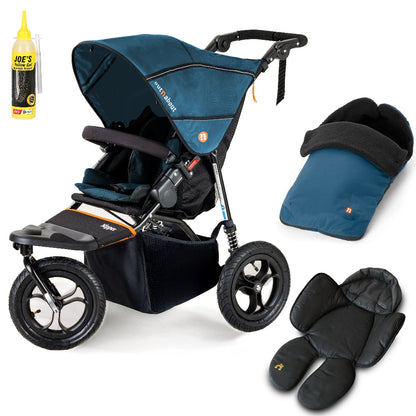 Out N About single nipper in highland blue with footmuff and newborn insert.