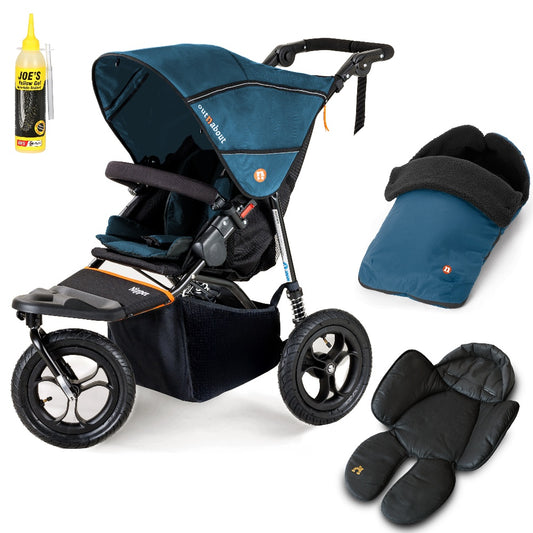 Out N About single nipper in highland blue with footmuff and newborn insert.