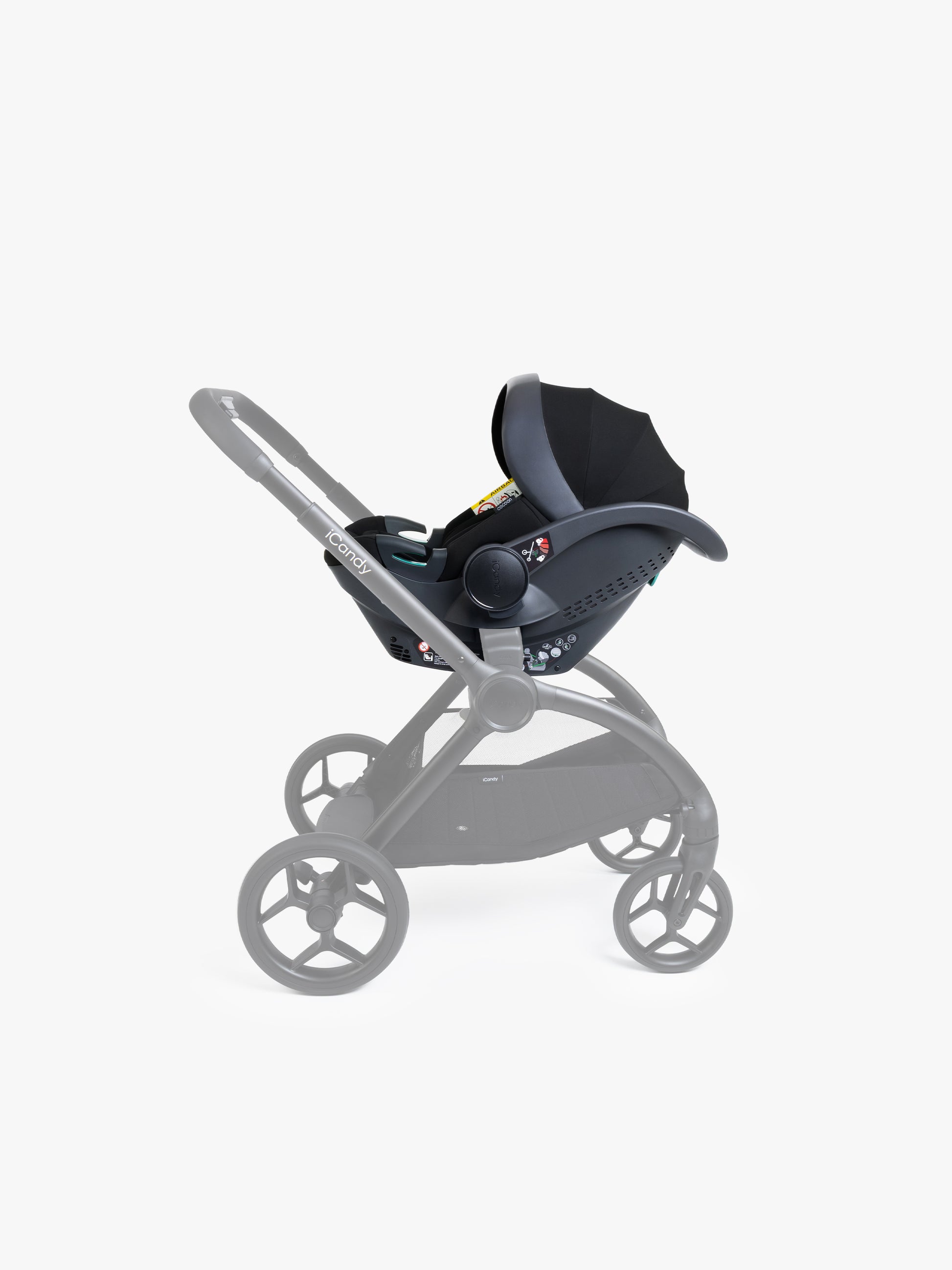Black baby car seat with base and ISOFIX connector on a white background