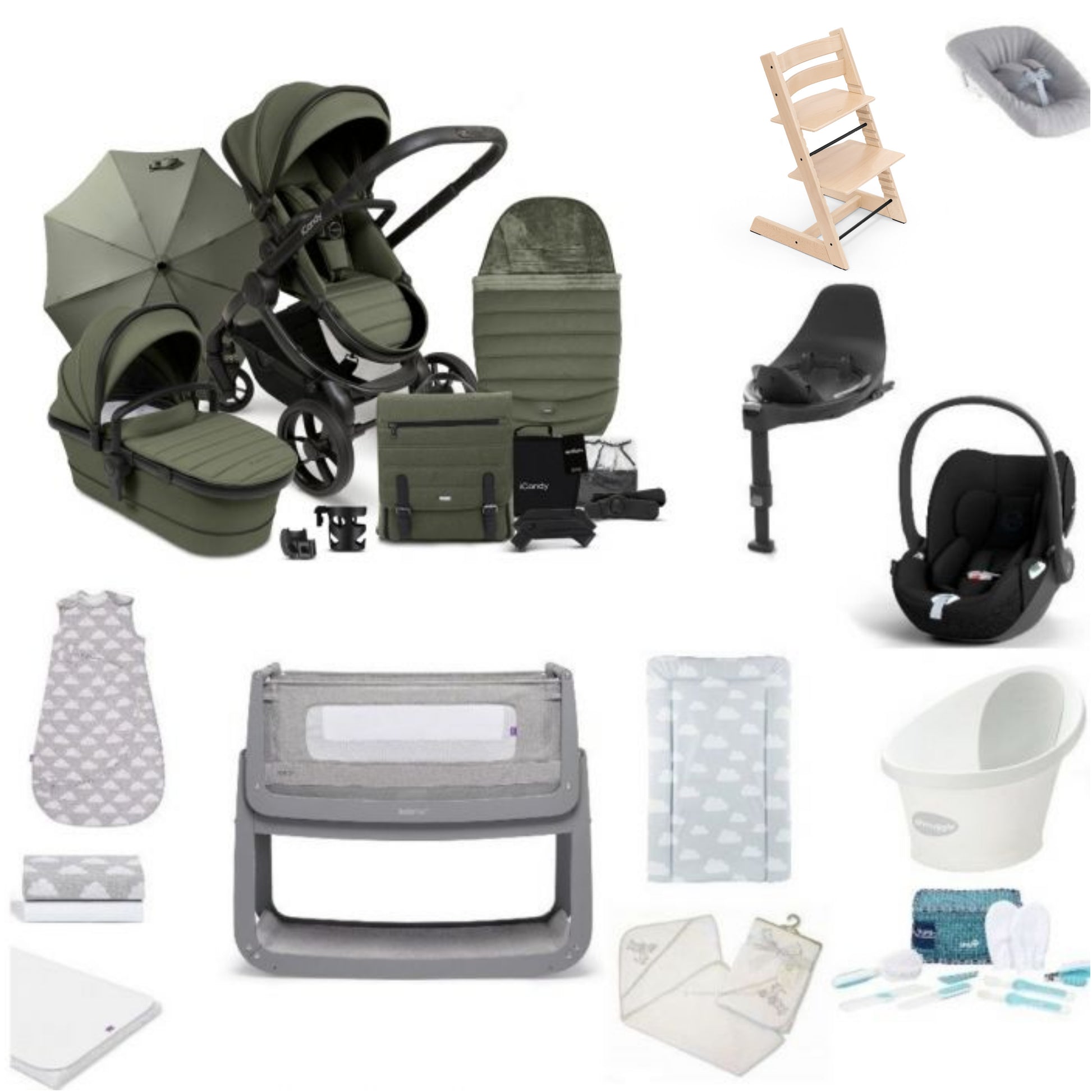 Icandy Peach 7 Pushchair & carrycot in IVY, complete with all babies essential including car seat, tripp trapp highchair, crib and bath.