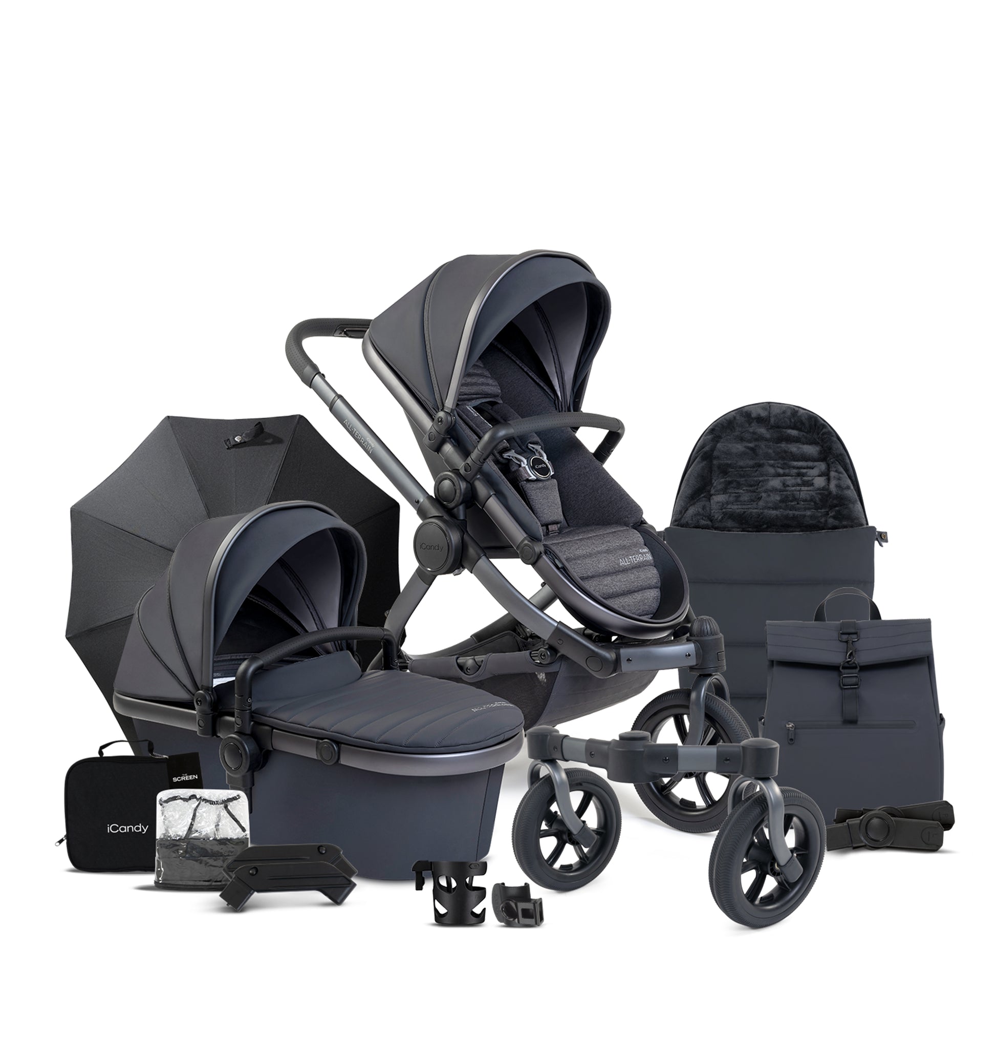 iCandy Peach 7 All Terrain complete bundle in Storm showcasing high quality pushchair and accessories