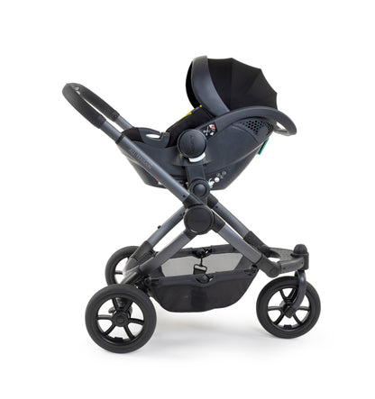 iCandy Peach 7 All Terrain in Storm showcasing high quality pushchair with car seat attached