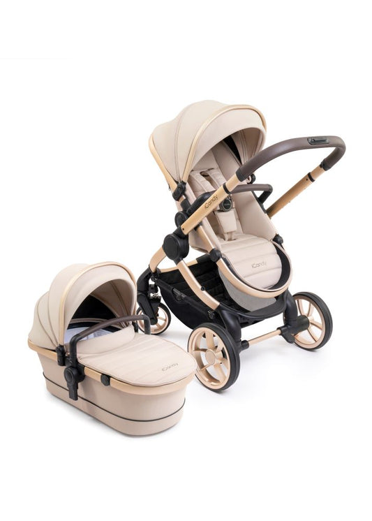 Elegant beige and black iCandy Peach 7 stroller in biscotti, perfect for stylish parents on the go.