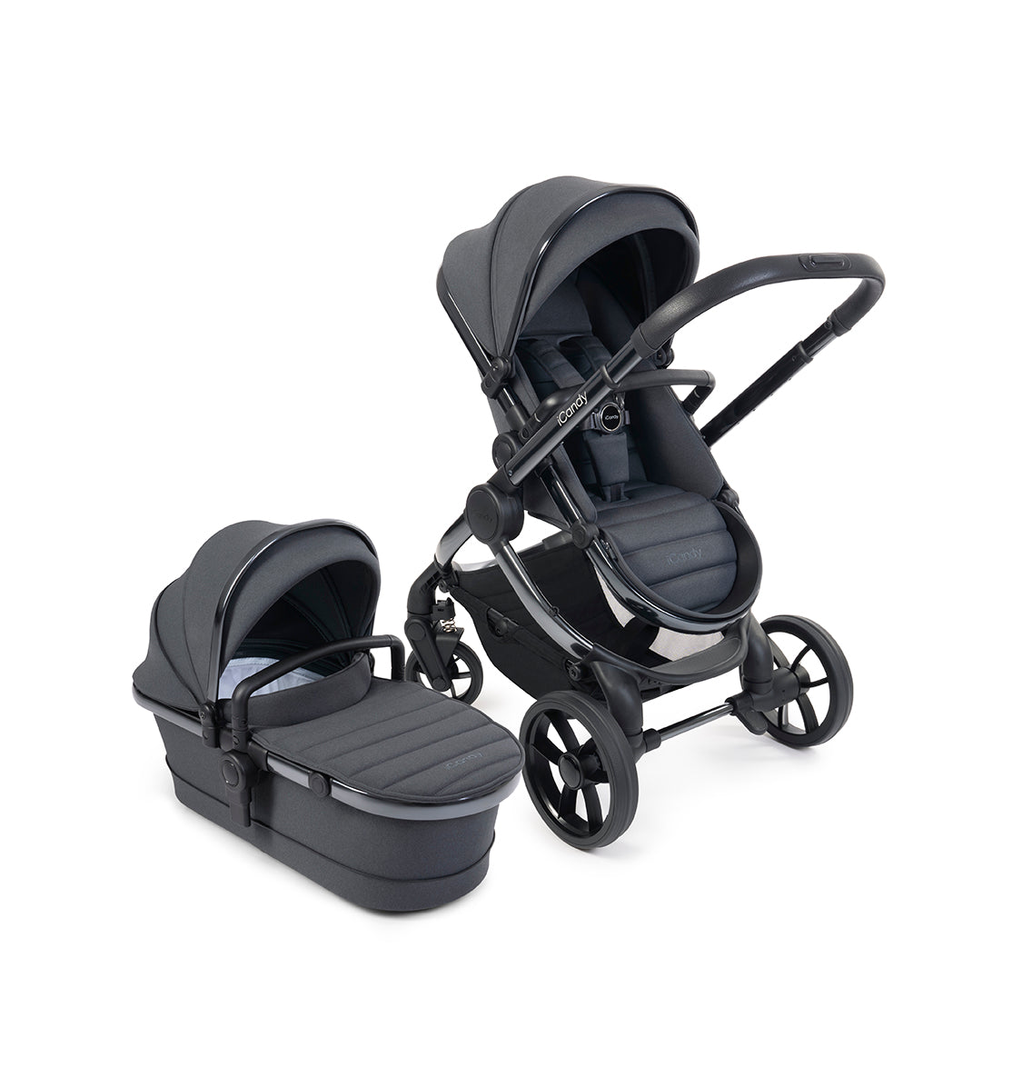  iCandy Peach 7 stroller in Dark Grey showcased on a phantom chassis perfect for stylish parents on the go.