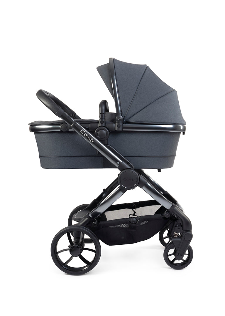  iCandy Peach 7 stroller in Dark Grey showcased on a phantom chassis perfect for stylish parents on the go.