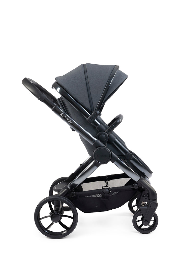  iCandy Peach 7 stroller in Dark Grey showcased on a phantom chassis perfect for stylish parents on the go.