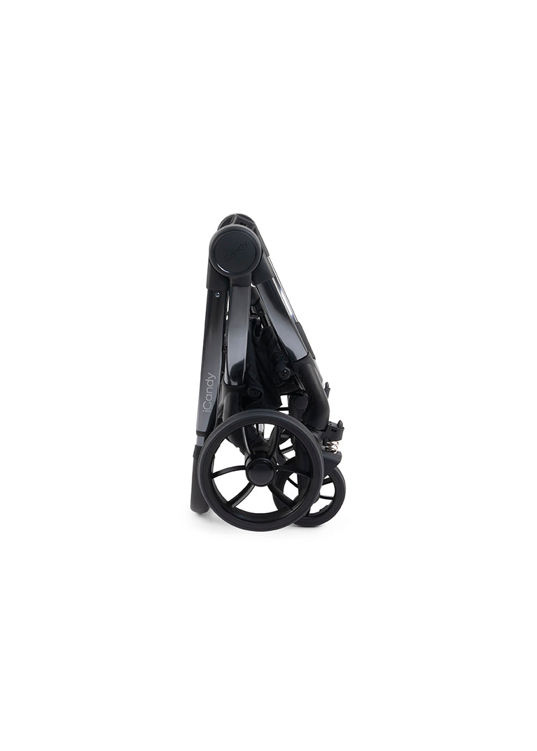  iCandy Peach 7 stroller in Dark Grey showcased on a phantom chassis perfect for stylish parents on the go.