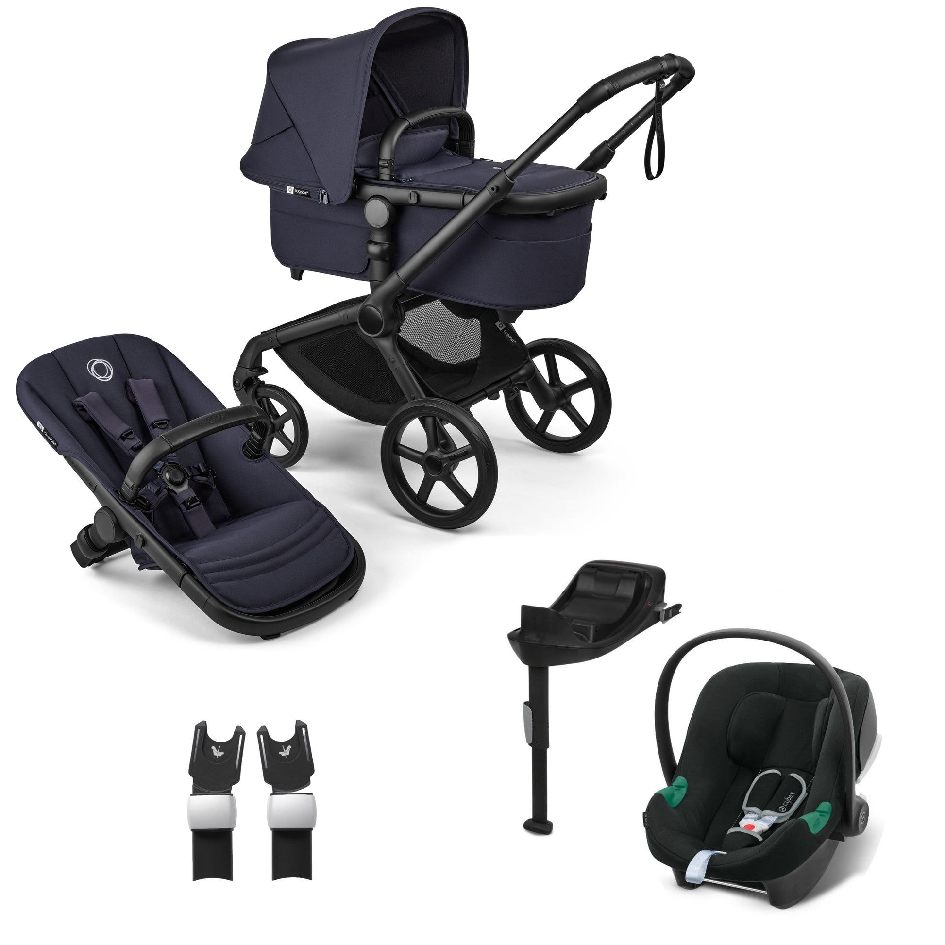 Bugaboo Fox 5 in deep indigo complete, with aton B2 car seat and base.