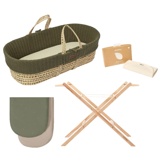Little green sheep organic moses basket bundle in juniper green, including folding stand, sheets and mattress protector.